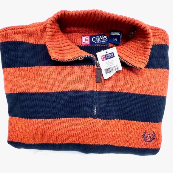 New- Chaps Men Black/Orange Striped Sweater Size L 1/4 Zip Pull Over Made In USA - Picture 5 of 8